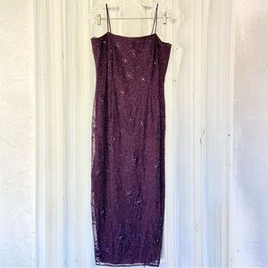 Montage Vintage Beaded Eggplant Purple Thin Strap Midi Dress w/ Matching Jacket!